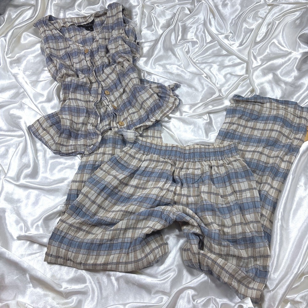vintage Rafaella Plaid Pant Set Blue Excellent Peplum Top Wide Leg Pants